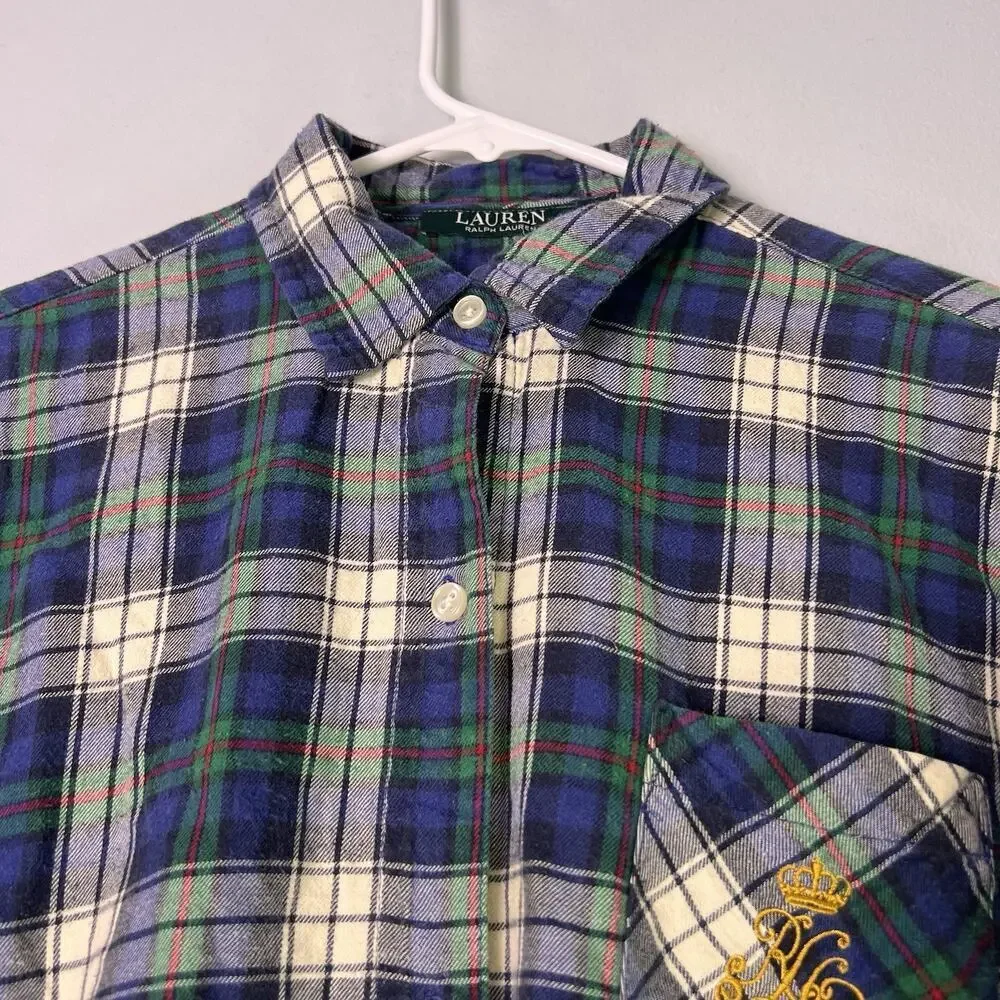Lauren Ralph Lauren Sleepshirt Plaid Flannel Gold Crest Nightgown Preppy Sz M
